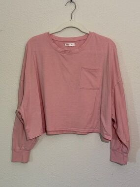 ROMWE Relaxed Pink Cropped Long-Sleeve Boxy Tee - S